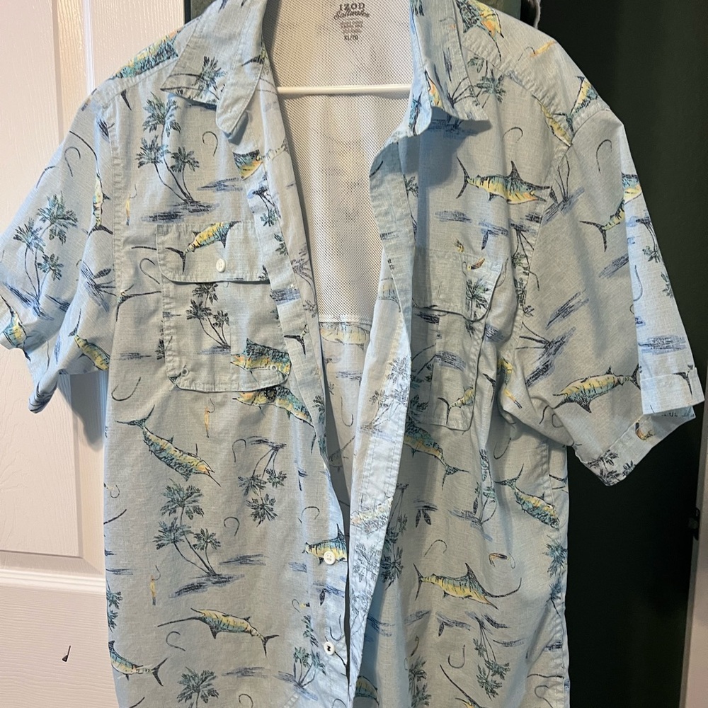 Izod Men's Light Blue Tropical Print Shirt size XL